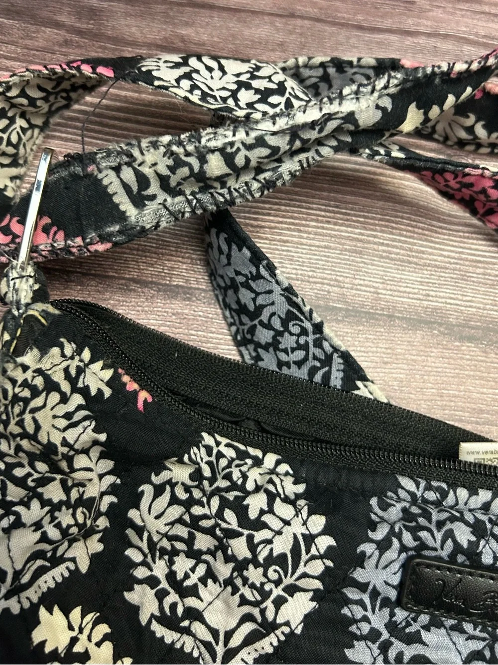 Vera Bradley Black Crossbody with Pink and Gray Floral Medallions